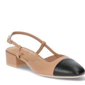 Time and Tru Tan and Black Slingback Low Block Heel Pumps